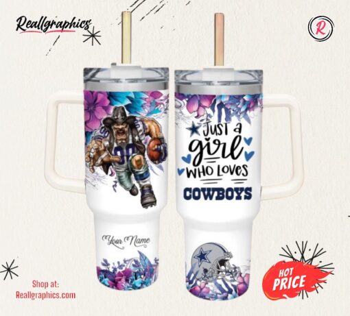 Custom Name Just A Girl Loves Cowboys Mascot Flower Pattern 40Oz Stainless Steel Tumbler With Handle