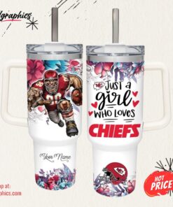 Custom Name Just A Girl Loves KC Chiefs Mascot Flower Pattern 40oz Stainless Steel Tumbler with Handle and Straw Lid
