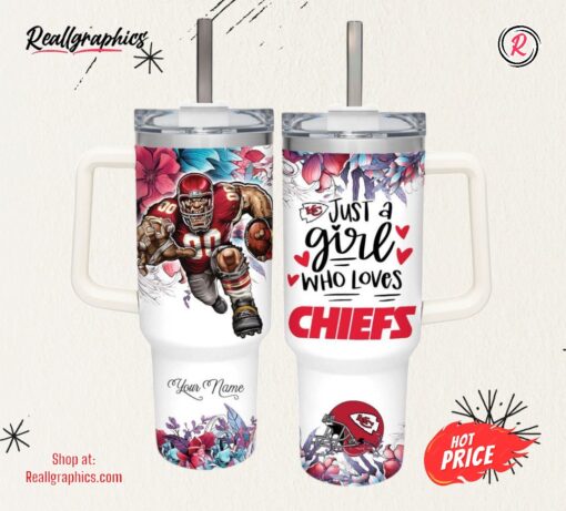Custom Name Just A Girl Loves KC Chiefs Mascot Flower Pattern 40oz Stainless Steel Tumbler with Handle and Straw Lid