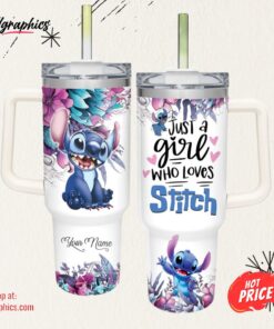 Custom Name Just A Girl Loves Stitch Flower Pattern 40oz Tumbler with Handle and Straw Lid