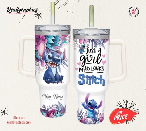 Custom Name Just A Girl Loves Stitch Flower Pattern 40oz Tumbler with Handle and Straw Lid