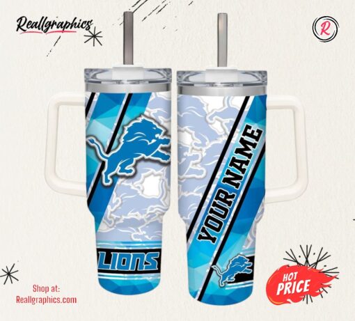 Custom Name Lions Pattern 40oz Stainless Steel Tumbler with Handle and Straw Lid