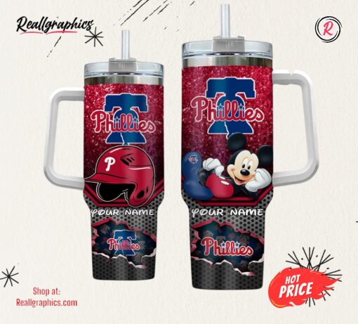 Custom Name MLB Philadelphia Phillies Mickey Mouse Tumbler 40oz With Handle