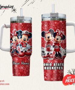 Custom Name NCAA Ohio State Buckeyes Mickey And Minnie Couple 40oz Stainless Steel Tumbler With Handle Custom Name NCAA Ohio State Buckeyes Mickey And Minnie Couple 40oz Stainless Steel Tumbler With Handle
