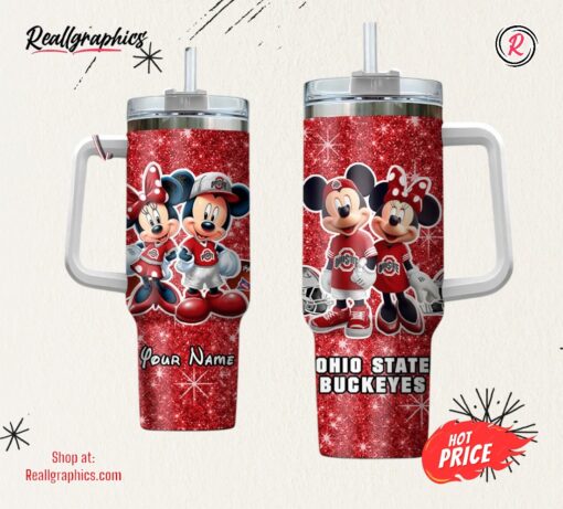 Custom Name NCAA Ohio State Buckeyes Mickey And Minnie Couple 40oz Stainless Steel Tumbler With Handle