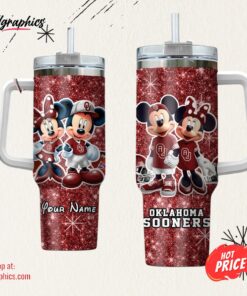Custom Name NCAA Oklahoma Sooners Mickey And Minnie Couple 40oz Stainless Steel Tumbler With Handle