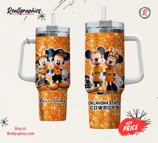 Custom Name NCAA Oklahoma State Cowboys Mickey And Minnie Couple 40oz Stainless Steel Tumbler With Handle