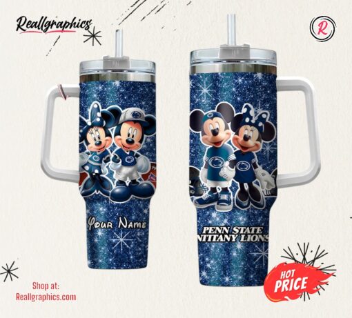 Custom Name NCAA Penn State Nittany Lions Mickey And Minnie Couple 40oz Stainless Steel Tumbler With Handle