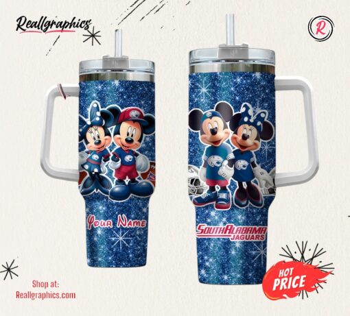 Custom Name NCAA South Alabama Jaguars Mickey And Minnie Couple 40oz Stainless Steel Tumbler