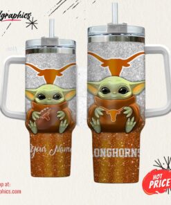 Custom Name NCAA Texas Longhorns Baby Yoda 40oz Stainless Steel Tumbler