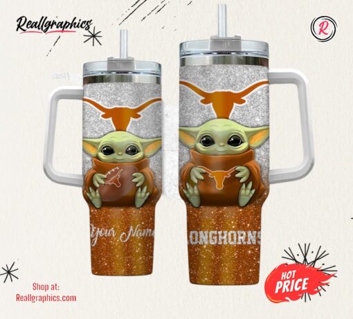 Custom Name NCAA Texas Longhorns Baby Yoda 40oz Stainless Steel Tumbler