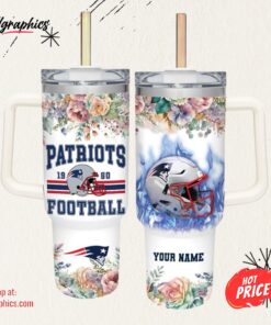 Custom Name Patriots Helmet Flame Pattern 40oz Stainless Steel Tumbler and Straw Lid