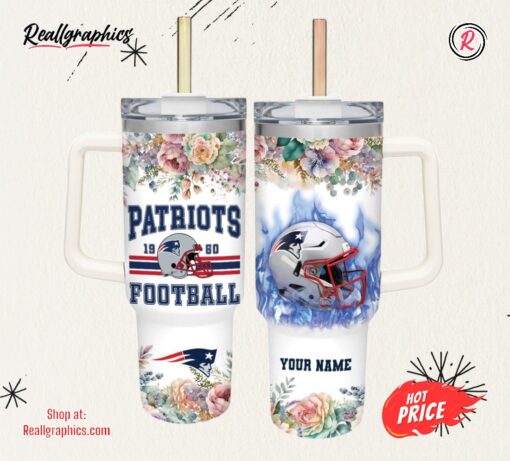Custom Name Patriots Helmet Flame Pattern 40oz Stainless Steel Tumbler and Straw Lid