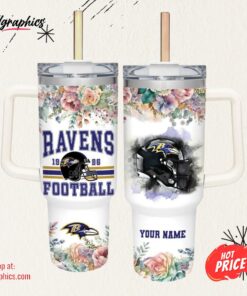 Custom Name Ravens Helmet Flame Pattern 40oz Stainless Steel Tumbler with Handle and Straw Lid