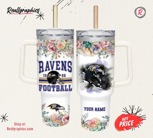 Custom Name Ravens Helmet Flame Pattern 40oz Stainless Steel Tumbler with Handle and Straw Lid