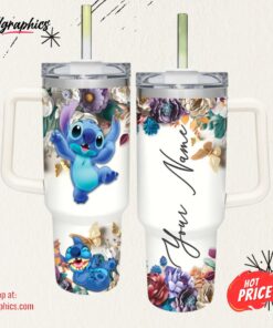 Custom Name Stitch 3D Colorful Flower Sublimation Pattern 40oz Tumbler with Handle and Straw Lid