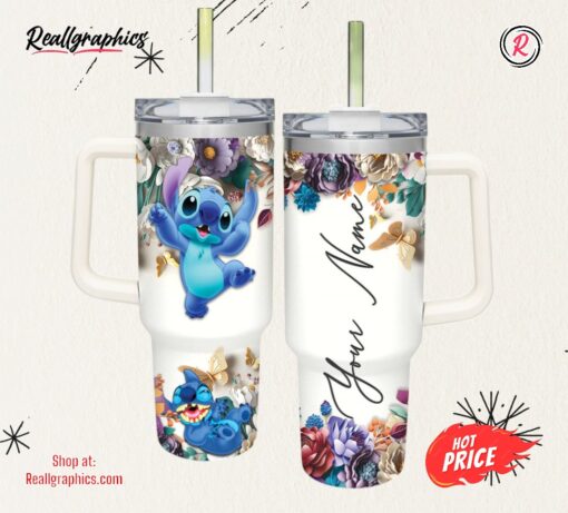 Custom Name Stitch 3D Colorful Flower Sublimation Pattern 40oz Tumbler with Handle and Straw Lid