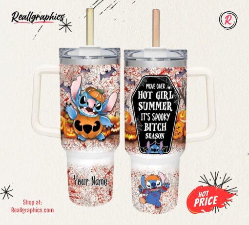 Custom Name Stitch Halloween Costume It’s Spooky Season 40oz Stainless Steel Tumbler and Straw Lid
