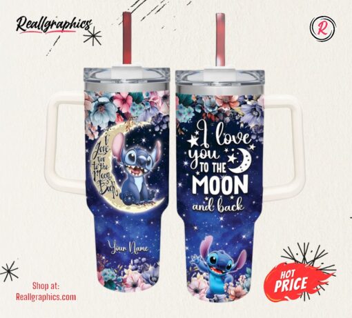 Custom Name Stitch I Love You To The Moon &amp Back 40oz Stainless Steel Tumbler with Handle and Straw Lid