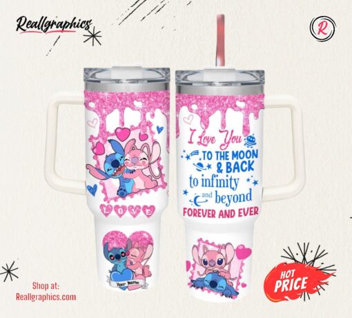Custom Name Stitch Love You To The Moon &amp Back 40oz Stainless Steel Tumbler with Handle and Straw Lid