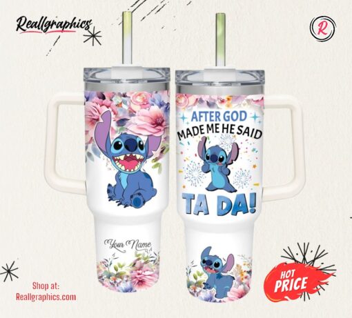 Custom Name Stitch Tada 40oz Stainless Steel Tumbler with Handle and Straw Lid