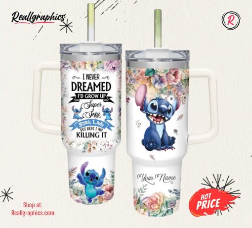 Custom Name Super Sexy Stitch Lady Vintage Flower Pattern 40oz Stainless Steel Tumbler with Handle and Straw Lid