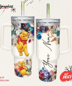 Custom Name Winnie the Pooh 3D Colorful Flower Sublimation Pattern 40oz Tumbler with Handle and Straw Lid