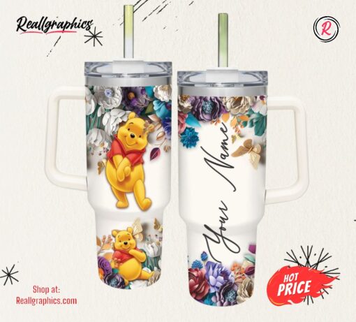 Custom Name Winnie the Pooh 3D Colorful Flower Sublimation Pattern 40oz Tumbler with Handle and Straw Lid