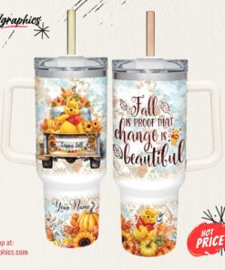Custom Name Winnie the Pooh Happy Fall Pumpkin Flower Pattern 40oz Tumbler with Handle and Straw Lid
