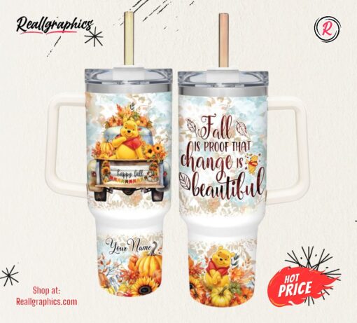 Custom Name Winnie the Pooh Happy Fall Pumpkin Flower Pattern 40oz Tumbler with Handle and Straw Lid