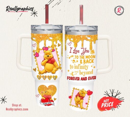 Custom Name Winnie the Pooh Love You To The Moon &amp Back 40oz Stainless Steel Tumbler and Straw Lid
