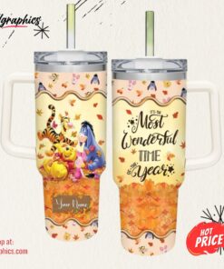 Custom Name Winnie the Pooh Most Wonderful Time Fall Leaf Pattern 40oz Stainless Steel Tumbler with Handle and Straw Lid