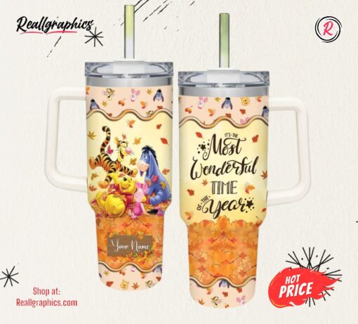 Custom Name Winnie the Pooh Most Wonderful Time Fall Leaf Pattern 40oz Stainless Steel Tumbler with Handle and Straw Lid