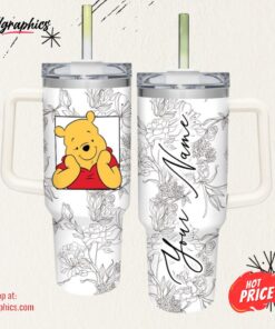 Custom Name Winnie the Pooh Sketch Flower Pattern White 40oz Stainless Steel Tumbler with Handle and Straw Lid
