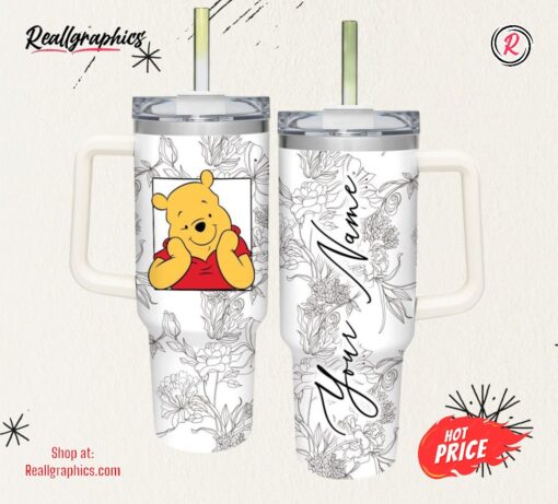 Custom Name Winnie the Pooh Sketch Flower Pattern White 40oz Stainless Steel Tumbler with Handle and Straw Lid