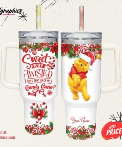 Custom Name Winnie the Pooh Sweet But Twisted Christmas Theme Pattern 40oz Tumbler with Handle and Straw Lid