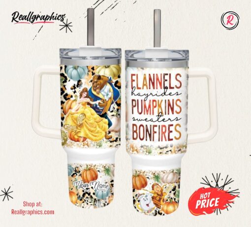 Disney Beauty &Amp The Beast Flannels Pumpkins Bonfires Pattern 40oz Stainless Steel Tumbler