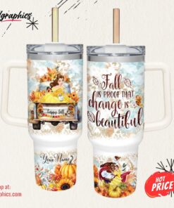 Disney Custom Name Beauty &Amp The Beast Happy Fall Pumpkin Flower Pattern 40oz Tumbler