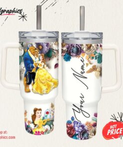 Disney Custom Name Beauty And The Beast 3d Colorful Flower Sublimation Pattern 40oz Tumbler