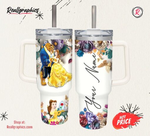 Disney Custom Name Beauty And The Beast 3d Colorful Flower Sublimation Pattern 40oz Tumbler