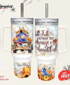 Disney Custom Name Eeyore Happy Fall Pumpkin Flower Pattern 40oz Tumbler
