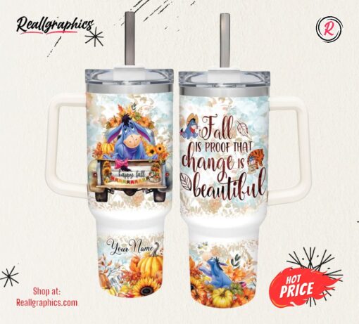 Disney Custom Name Eeyore Happy Fall Pumpkin Flower Pattern 40oz Tumbler