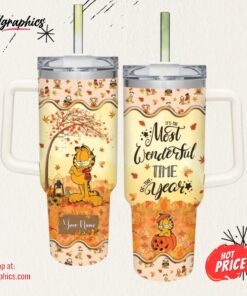 Disney Custom Name Garfield Most Wonderful Time Fall Leaf Pattern 40oz Stainless Steel Tumbler