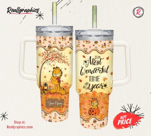 Disney Custom Name Garfield Most Wonderful Time Fall Leaf Pattern 40oz Stainless Steel Tumbler
