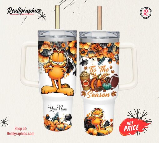 Disney Custom Name Garfield Tis The Season Fall Leaf Pattern 40oz Stainless Steel Tumbler