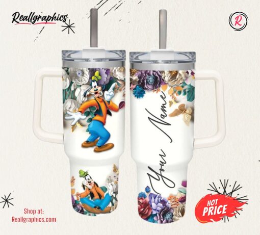 Disney Custom Name Goofy 3d Colorful Flower Sublimation Pattern 40oz Tumbler