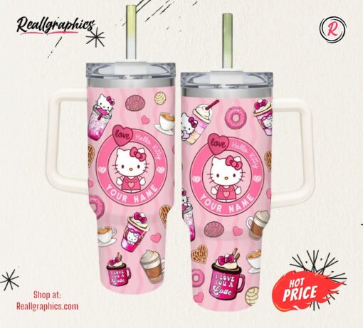 Disney Custom Name Hello Kitty Pink Pattern 40oz Stainless Steel Tumbler