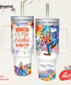 Disney Custom Name It’s Fine I’m Fine Goofy Colorful Flower Pattern 40oz Stainless Steel Tumbler
