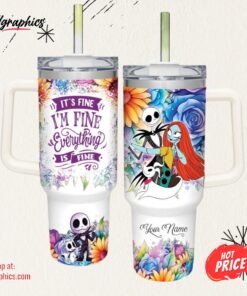 Disney Custom Name It’s Fine I’m Fine Jack Skellington Colorful Flower Pattern 40oz Stainless Steel Tumbler