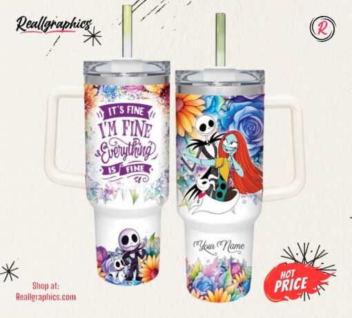 Disney Custom Name It’s Fine I’m Fine Jack Skellington Colorful Flower Pattern 40oz Stainless Steel Tumbler